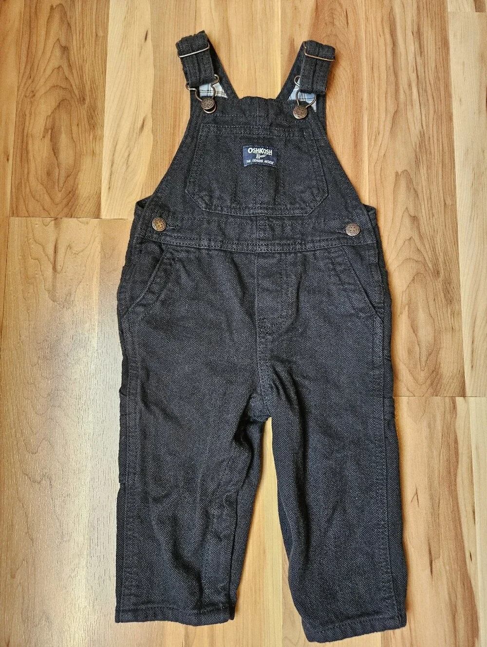 OshKosh B'gosh Black Denim Overalls with Light Blue Plaid Bodysuit Onesie 12 Mo